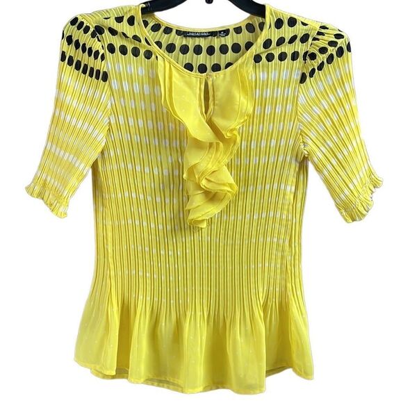 Notations Ladies Yellow Polka Dot Pleated Blouse, Size Medium - Picture 2 of 8
